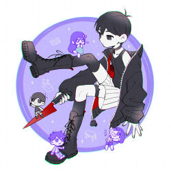 Rule 34 | 1girl, 4boys, alternate costume, asymmetrical legwear, aubrey (headspace) (omori), aubrey (omori), black choker, black eyes, black footwear, black hair, black jacket, black tank top, black thighhighs, boots, border, chibi, chibi inset, choker, chromatic aberration, collarbone, colored skin, combat boots, commentary request, cross-laced footwear, dual persona, empty eyes, expressionless, from side, hero (headspace) (omori), hero (omori), holding, holding knife, invisible chair, jacket, jacket partially removed, kel (headspace) (omori), kel (omori), kneehighs, knife, leg up, male focus, mini person, miniboy, minigirl, multiple boys, no pupils, omori, omori (omori), outside border, purple background, round image, short hair, shorts, simple background, single kneehigh, single sock, single thighhigh, sitting, sitting on person, socks, solo focus, standing on person, striped clothes, striped shorts, tank top, thigh strap, thighhighs, toastytoast, two-sided fabric, uneven legwear, white border, white shorts, white skin, zipper