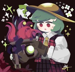 Rule 34 | 1girl, 1other, :o, ?, ascot, brown background, brown gloves, collared shirt, gloves, green eyes, green hair, hat, holding, holding plant, kazami yuuka, leather, leather gloves, long sleeves, medium hair, no lineart, plaid, plaid skirt, plaid vest, plant, red eyes, red skirt, red vest, rex (risk of rain), risk of rain (series), risk of rain 2, shirt, skirt, sparkle, speech bubble, thatpebble, touhou, vest, wavy hair, white shirt, yellow ascot