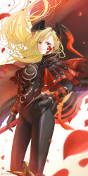 Rule 34 | 1girl, absurdres, armor, black armor, black bodysuit, black gloves, blonde hair, bodysuit, cape, dragon girl, dragon horns, facial mark, falling petals, fate/grand order, fate (series), floating hair, gloves, grin, highres, holding, holding sword, holding weapon, horns, long hair, long sleeves, looking at viewer, minoe08, nero claudius (fate), nero claudius (fate) (all), petals, pointy ears, queen draco (fate), queen draco (third ascension) (fate), red cape, red eyes, smile, solo, swept bangs, sword, twitter username, weapon