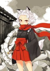 Rule 34 | 1girl, animal ears, fox ears, fox tail, japanese clothes, katana, kitsune, long sleeves, looking at viewer, nosuku, original, red eyes, red scarf, scarf, short eyebrows, short hair, slit pupils, smile, solo, sword, tail, weapon, white hair, wide sleeves, traditional youkai