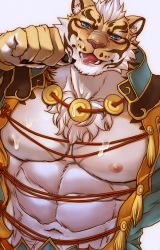 Rule 34 | 1boy, abs, animal ears, bara, bare pectorals, beige fur, chillasan, cum, cum in mouth, cum on body, cum on male, cum on pectorals, facial, furry, furry male, gyee, highres, implied yaoi, large pectorals, lin hu (nekojishi), looking at viewer, male focus, muscular, muscular male, navel, nekojishi, nipples, orange fur, pectorals, short hair, solo, stomach, tiger boy, tiger ears, tiger stripes, tongue, tongue out, upper body