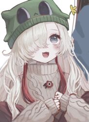 Rule 34 | 1girl, :3, absurdres, aran sweater, beanie, blush, brown sweater, cable knit, character hat, commentary, fangs, flower, green hat, grey eyes, hair over one eye, hat, highres, isekai joucho, jewelry, kamitsubaki studio, long hair, looking up, open mouth, own hands together, pendant, raised eyebrows, red flower, red hair, red shawl, ria (rian 0210), shawl, shoulder strap, sidelocks, sleeves past wrists, smile, solo, sweater, turtleneck, virtual youtuber, wavy hair, white hair, yellow flower