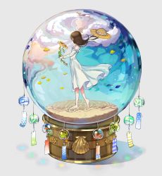 Rule 34 | 1girl, absurdres, barefoot, blue sky, brown hair, cloud, dress, facing away, fish, flower, from side, glass, grey background, hat, unworn hat, unworn headwear, highres, hisao 0111, holding, holding flower, night, night sky, original, sky, snow globe, solo, standing, straw hat, sunflower, white dress, wind chime