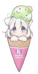 1girl :&lt; absurdres animal_ears baskin-robbins blue_eyes blue_hair blush brand_name_imitation cat_ears cat_girl closed_mouth commentary_request creature creature_on_head food food_on_head gloves highres hitode ice_cream ice_cream_cone in_food looking_at_viewer medium_hair multicolored_hair object_on_head original simple_background solo tareme two-tone_hair white_background white_gloves white_hair