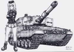 Rule 34 | 1girl, ankle boots, ballpoint pen (medium), bare legs, boots, closed mouth, crossed arms, dated, garrison cap, girls und panzer, greyscale, hat, highres, insignia, itsumi erika, kuromorimine military uniform, leopard 2, long sleeves, looking at viewer, looking to the side, medium hair, military uniform, military vehicle, miniskirt, monochrome, motor vehicle, nspa (spa-jcs), skirt, smile, solo, standing, tank, traditional media, twitter username, uniform, vehicle focus, wide shot, wing collar