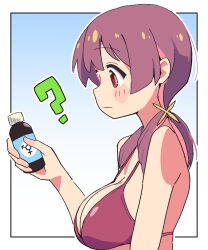 Rule 34 | 1girl, :/, ?, bare arms, bare shoulders, bikini, blue background, blush stickers, border, bottle, breasts, brown hair, commentary, confused, from side, gradient background, holding, holding bottle, large breasts, long hair, low twintails, male-female symbol, multicolored hair, murosaki miyo, noyama takenoko, onii-chan wa oshimai!, outline, outside border, profile, red bikini, red eyes, red hair, simple background, solo, swimsuit, twintails, two-tone hair, upper body, white border, white outline