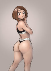 Rule 34 | 10s, 1girl, ass, back, bad id, bad pixiv id, bad twitter id, bare arms, bare shoulders, black panties, blacked (meme), blacking your waifu, boku no hero academia, bra, brown eyes, brown hair, butt crack, clothes writing, curvy, eyebrows, grey background, hand to own mouth, highres, hip focus, huge ass, legs, looking back, meme, meme attire, open mouth, panties, short hair, simple background, solo, sports bra, standing, surprised, swept bangs, thick thighs, thighs, underwear, underwear only, uraraka ochako, wide hips