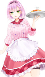 Rule 34 | 1girl, :d, absurdres, apron, arm at side, black hairband, blush, bob cut, breasts, cafe stella to shinigami no chou, commentary request, company connection, cosplay, cowboy shot, eyelashes, fangs, food, foreshortening, frilled apron, frills, from below, fujita akane (voice actor), green eyes, hair ornament, hairband, hairclip, hand up, heart, highres, holding, holding tray, long sleeves, looking at viewer, medium breasts, meme, nanasan ichiroku, o-ring, o-ring thigh strap, omelet, omurice, open mouth, pink hair, pink shirt, plaid collar, puffy long sleeves, puffy sleeves, red skirt, shiki natsume, shiki natsume (cosplay), shirt, short hair, skindentation, skirt, smile, solo, striped clothes, striped shirt, tanikaze amane, teeth, tenshi souzou re-boot!, thigh strap, tray, tsurime, upper teeth only, vertical-striped clothes, vertical-striped shirt, voice actor connection, waist apron, waitress, white apron, yuzu-soft, zako (meme)
