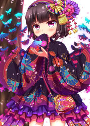 Rule 34 | 1girl, absurdres, animal print, backlighting, bad id, bad pixiv id, bag, black kimono, blunt bangs, blush, brown hair, bug, butterfly, butterfly hair ornament, butterfly print, cherry blossoms, commentary request, covering own mouth, cowboy shot, dragon poker, flower, hair flower, hair ornament, hairband, hand up, handbag, highres, insect, japanese clothes, kanzashi, kimono, kimono skirt, layered skirt, legs apart, long sleeves, looking at viewer, magic, minatsuki kou, multicolored clothes, multicolored kimono, petals, pink eyes, print kimono, short hair, skirt, solo, standing, tassel, tree, white background, wide sleeves, zashiki-warashi