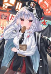 Rule 34 | 1girl, bad id, bad twitter id, blue archive, blush, braid, breasts, commentary request, demon wings, food, food in mouth, food stand, haruna (blue archive), hat, highres, jacket, lamp, long hair, military, military hat, military uniform, red eyes, side braid, silver hair, solo, taiyaki, uniform, wagashi, wings