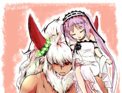 Rule 34 | 1boy, 1girl, asterios (fate), black sclera, carrying, colored sclera, dress, euryale (fate), fate/grand order, fate/hollow ataraxia, fate (series), headdress, horns, long hair, one eye closed, purple hair, red eyes, shoulder carry, size difference, smile, twintails, white hair, wreath, yorutori