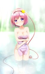 Rule 34 | 1girl, blush, breasts, cleavage, collarbone, covering privates, cowboy shot, eyeball, hairband, heart, highres, komeiji satori, lake, looking at viewer, medium breasts, naked towel, nude, nude cover, partially submerged, pink hair, purple eyes, short hair, solo, sunlight, third eye, touhou, towel, wading, yuuforia