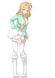 Rule 34 | 1girl, absurdres, aqua jacket, awaken the power, blonde hair, boots, bow, braid, crown braid, full body, green eyes, hair bow, hair rings, hand on own hip, highres, jacket, knee boots, komiyam a, layered skirt, leaning forward, long sleeves, looking at viewer, love live!, love live! sunshine!!, medium hair, necktie, ohara mari, open mouth, simple background, skirt, solo, standing, textless version, thighhighs, white background, white bow, white footwear, white skirt, white thighhighs