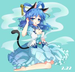 Rule 34 | 1girl, animal ears, blue background, blue eyes, blue hair, breasts, cat ears, cat tail, cleavage, dated, hair ornament, hair rings, hair stick, kaku seiga, kamome, kemonomimi mode, matching hair/eyes, sitting, solo, tail, touhou, wariza