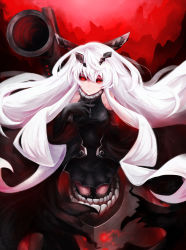 Rule 34 | 10s, 1girl, absurdres, abyssal ship, aiming, aiming at viewer, anchorage oni, bare shoulders, black dress, black gloves, dress, elbow gloves, from above, gloves, hair ornament, hand on own chest, highres, kantai collection, litsvn, long hair, looking at viewer, machinery, red eyes, solo, turret, very long hair, white hair