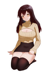 Rule 34 | 1girl, absurdres, bad id, bad pixiv id, black hair, black skirt, black thighhighs, breasts, brown eyes, cleavage, cleavage cutout, clothing cutout, highres, koizumike, lap pillow invitation, large breasts, long hair, long sleeves, miniskirt, original, pencil skirt, seiza, sitting, skirt, smile, solo, sweater, thighhighs