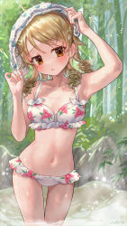 Rule 34 | 1girl, absurdres, bikini, blush, breasts, collarbone, commentary request, day, drill hair, ear blush, floral print, frilled bikini, frills, hands up, highres, idolmaster, idolmaster cinderella girls, light brown hair, looking at viewer, medium hair, morikubo nono, navel, open mouth, outdoors, plant, print bikini, print towel, small breasts, solo, stomach, sunlight, swimsuit, thighs, towel, towel on head, water, wet, white bikini, yukinuno