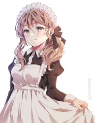 Rule 34 | 1girl, alternate costume, apron, black dress, blush, brown eyes, brown hair, closed mouth, dress, enmaided, hair between eyes, highres, juliet sleeves, kantai collection, kukimaru, light smile, littorio (kancolle), long hair, long sleeves, maid, maid apron, maid headdress, puffy sleeves, simple background, solo, transparent background, twitter username, upper body, white apron, white background