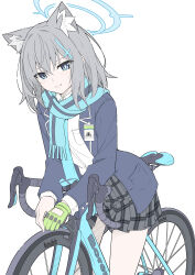 Rule 34 | 1girl, absurdres, animal ear fluff, animal ears, bicycle, black jacket, blue archive, blue eyes, blue halo, blue necktie, blush, closed mouth, commentary, cowboy shot, cross hair ornament, extra ears, gloves, green gloves, grey hair, grey skirt, hair between eyes, hair ornament, halo, highres, jacket, long sleeves, looking at viewer, masabodo, medium hair, mismatched pupils, necktie, open clothes, open jacket, pleated skirt, school uniform, shiroko (blue archive), simple background, single glove, skirt, smile, solo, symbol-only commentary, white background, wolf ears