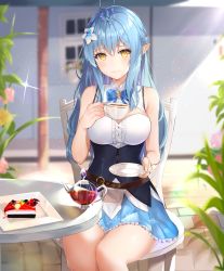 Rule 34 | 1girl, absurdres, ahoge, bare shoulders, blue hair, blush, breasts, cup, elf, flower, hair between eyes, hair flower, hair ornament, half updo, hat, highres, holding, holding cup, holding saucer, hololive, huge filesize, large breasts, long hair, looking at viewer, pointy ears, saucer, shiina aoi, sitting, smile, solo, virtual youtuber, yellow eyes, yukihana lamy