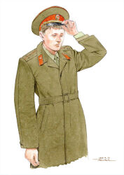 Rule 34 | 1boy, adjusting clothes, adjusting headwear, arm at side, black hat, brown coat, brown hair, brown hat, coat, collar tabs, collared coat, collared shirt, commentary, cropped legs, dated, epaulettes, facing down, green necktie, green shirt, hand up, hat, hat ornament, highres, horikou, insignia, jacket, layered sleeves, long sleeves, looking down, male focus, military, military hat, military jacket, military uniform, multicolored clothes, multicolored hat, necktie, original, parted lips, peaked cap, pocket, realistic, red hat, red star, red trim, shirt, short hair, signature, simple background, solo, soviet, soviet army, star (symbol), star hat ornament, uniform, very short hair, white background
