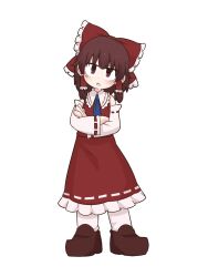 Rule 34 | 1girl, ascot, blackbad, blush, bow, brown eyes, brown hair, collared dress, crossed arms, detached sleeves, dress, frilled bow, frilled dress, frilled shirt collar, frills, full body, hair bow, hair tubes, hakurei reimu, head tilt, jitome, loafers, long sleeves, open mouth, shoes, short hair, simple background, socks, solo, touhou, white background