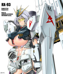 Rule 34 | 1girl, abs, absurdres, areola slip, armor, between breasts, black thighhighs, breasts, buckle, char&#039;s counterattack, character profile, closed mouth, cowboy shot, curvy, ear protection, english text, fin funnels, furrowed brow, garter straps, gundam, headgear, headpiece, highres, huge breasts, looking away, measurements, mecha musume, nu gundam, personification, saizu nitou gunsou, sanpaku, shield, short hair, silver hair, simple background, solo, standing, thighhighs, tinted eyewear, twitter username, visor, white background, yellow-tinted eyewear, yellow-tinted glasses, yellow eyes