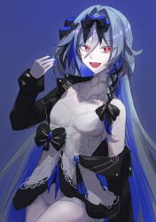 Rule 34 | 1girl, black bow, blue background, blue hair, blue nails, bow, braid, breasts, commentary, cowboy shot, fu hua, fu hua (herrscher of sentience), fu hua (turn up the music!) (herrscher of sentience), grey hair, hair bow, halter shirt, halterneck, hands up, highres, honkai (series), honkai impact 3rd, korean commentary, long hair, mmaayyooccaatt, multicolored hair, multiple hair bows, open mouth, prototype design, red eyes, ribbon braid, shirt, shorts, side braid, simple background, small breasts, solo, streaked hair, two-tone hair, very long hair, white shirt, white shorts