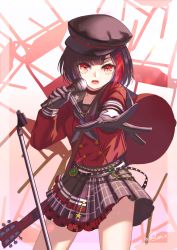 Rule 34 | 1girl, bang dream!, black gloves, black hair, black headwear, black neckerchief, black skirt, bob cut, buttons, chair, choker, cosplay, double-breasted, gloves, guitar, holding, holding microphone, instrument, instrument on back, long sleeves, looking at viewer, lost one no goukoku (vocaloid), microphone, microphone stand, miniskirt, mitake ran, neckerchief, open mouth, plaid, plaid skirt, pleated skirt, red eyes, red hair, red shirt, ruda (ruda e), school chair, school uniform, serafuku, shirt, short hair, signature, skirt, solo, star (symbol), star print, strap, v-shaped eyebrows, vocaloid