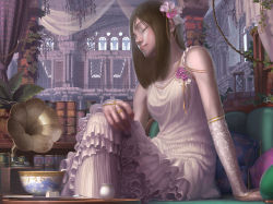 Rule 34 | 1girl, absurdres, architecture, arm support, bare shoulders, book, bookshelf, brick, bridal gauntlets, brown hair, chandelier, closed eyes, column, couch, cup, curtains, cushion, dress, earrings, female focus, floral print, flower, formal, frilled dress, frills, gothic architecture, green theme, hair flower, hair ornament, hand on lap, highres, hourglass, indoors, ivy, jewelry, leaf, long hair, necklace, original, phonograph, pillar, plant, purple theme, realistic, reishin (tenpurasoba), room, roomscape, sitting, solo, sugar cube, translucent, white dress, window