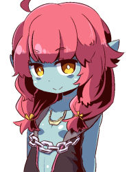 Rule 34 | 1girl, black jacket, blue skin, breasts, brown eyes, chain, closed mouth, collarbone, colored skin, etrian odyssey, jacket, jaw, long hair, looking at viewer, naga u, open clothes, open jacket, pointy ears, red hair, riri (sekaiju), sekaiju no meikyuu, sekaiju no meikyuu 5, simple background, small breasts, smile, solo, stitches, upper body, white background