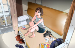 Rule 34 | 1girl, backpack, bag, bare arms, bare legs, barefoot, blue bag, blue shorts, book, brown eyes, brown hair, camera, commentary request, couch, curtains, elbow on knee, futon, head in hand, head rest, looking at viewer, original, parted bangs, pillow, power cord, shirt, shoes, short hair, shorts, single-lens reflex camera, sitting, sleeveless, sleeveless shirt, slippers, smile, sneakers, solo, tousai (kiha52122), train interior, unworn backpack, unworn bag, unworn footwear, unworn shoes, unworn socks, white shirt
