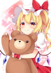 Rule 34 | 1girl, absurdres, blonde hair, bow, commentary, cowboy shot, crystal, fang, flandre scarlet, hair between eyes, hat, hat bow, highres, holding, holding stuffed toy, long hair, looking at viewer, miy@, mob cap, one side up, red bow, red eyes, red skirt, red vest, skirt, skirt set, smile, solo, star (symbol), stuffed animal, stuffed toy, teddy bear, touhou, vest, white hat, wings, wrist cuffs