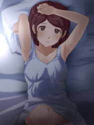 Rule 34 | 1girl, amagami, armpits, arms up, bare arms, bare shoulders, bed sheet, breasts, brown eyes, brown hair, clenched teeth, collarbone, dress, from above, highres, looking at viewer, lying, medium breasts, nakata sae, navel, on back, pillow, pillow grab, short hair, solo, takenoko saba otto, teeth, upper body, wet, white dress