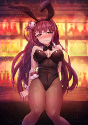 Rule 34 | 1girl, animal ears, bad id, bad pixiv id, bar (place), black leotard, black pantyhose, blurry, blush, bow, bowtie, breasts, detached collar, detached sleeves, embarrassed, fake animal ears, girls&#039; frontline, hair ornament, hair ribbon, highres, indoors, large breasts, leotard, light particles, long hair, looking at viewer, necoring862, one side up, pantyhose, playboy bunny, purple hair, rabbit ears, red eyes, ribbon, sitting, solo, strapless, strapless leotard, very long hair, wa2000 (girls&#039; frontline), wrist cuffs