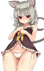 Rule 34 | 1girl, :&lt;, alternate costume, animal ears, babydoll, bare shoulders, breasts, cameltoe, chiroshiron, cowboy shot, flying sweatdrops, grey hair, highres, looking down, medium hair, mouse ears, mouse tail, nazrin, panties, pubic tattoo, pussy juice, red eyes, side-tie panties, simple background, small breasts, solo, tail, tattoo, touhou, underwear, white background, white panties
