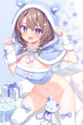 Rule 34 | 1girl, animal ears, bear ears, bear hair ornament, blue eyes, blush, bottomless, breasts, brown hair, cleavage, hair ornament, highres, looking at viewer, medium breasts, navel, open mouth, original, ribbon, ryouka (suzuya), solo, thighhighs, white thighhighs