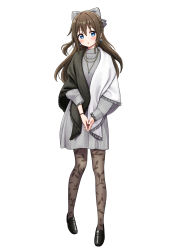 Rule 34 | 1girl, :o, black footwear, blue eyes, blush, bow, bracelet, breasts, brown hair, brown pantyhose, deadnooodles, earrings, full body, grey bow, grey sweater, hair bow, highres, jacket, jewelry, long hair, long sleeves, looking at viewer, love live!, love live! nijigasaki high school idol club, necklace, open mouth, osaka shizuku, pantyhose, shoes, simple background, solo, sweater, white background