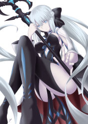 Rule 34 | 1girl, absurdres, ass, black bow, black dress, black footwear, blue eyes, boots, bow, braid, breasts, center opening, cleavage, crossed legs, dress, fate/grand order, fate (series), french braid, grey hair, hair bow, highres, large breasts, long hair, long sleeves, looking at viewer, morgan le fay (fate), pelvic curtain, polearm, ponytail, shidou (x 2903), sidelocks, solo, spear, thigh boots, thighhighs, thighs, two-tone dress, very long hair, weapon, white dress, wide sleeves