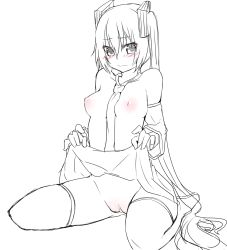 Rule 34 | 1girl, bad id, bad pixiv id, blush, boots, breasts, clothes lift, detached sleeves, hatsune miku, jack dempa, long hair, monochrome, necktie, nipples, no panties, pussy, sitting, sketch, skirt, skirt lift, solo, thigh boots, thighhighs, uncensored, very long hair, vocaloid