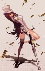 Rule 34 | 1girl, :q, alternate costume, black eyes, breasts, brown hair, caitlyn (league of legends), duto, from side, gradient background, gun, hat, high heels, impossible clothes, impossible sweater, league of legends, leaning back, leg up, long hair, looking at viewer, rifle, shell casing, single thighhigh, solo, standing, standing on one leg, star (symbol), sweater, thighhighs, tongue, tongue out, turtleneck, very long hair, weapon