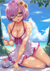 Rule 34 | 1girl, :d, arm support, beach, black-framed eyewear, blue sky, blush, breasts, casual one-piece swimsuit, cleavage, cloud, cloudy sky, collarbone, commentary, dappled sunlight, day, eyes visible through hair, fate/grand order, fate (series), flower, food, glasses, hair flower, hair ornament, hair over one eye, halterneck, head tilt, holding, holding spoon, horizon, light purple hair, looking at viewer, mash kyrielight, mash kyrielight (swimsuit of perpetual summer), medium breasts, ocean, official alternate costume, one-piece swimsuit, open mouth, outdoors, purple eyes, rong yi tan, shaved ice, short hair, sitting, sky, smile, solo, spoon, summer, sunflower, sunlight, swimsuit, tree, white one-piece swimsuit, yokozuwari