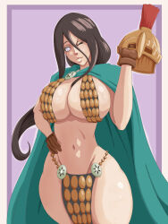 Rule 34 | 1girl, absurdres, agrothewanderer, armor, bare legs, bare shoulders, bikini armor, breasts, cape, cleavage, cosplay, curvy, gladiator, gloves, hand on own hip, helmet, highres, holding, holding helmet, huge breasts, hyuuga hanabi, large breasts, lips, long hair, looking at viewer, naruto (series), naruto shippuuden, navel, one eye closed, one piece, rebecca (one piece), rebecca (one piece) (cosplay), revealing clothes, shiny skin, smile, standing, wide hips, wink