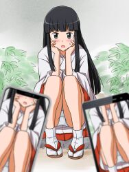 Rule 34 | 1girl, black eyes, black hair, brown footwear, cellphone, commentary request, commission, crotch seam, frown, hakama, hakama skirt, hands on own head, highres, hime cut, japanese clothes, kimono, lielos, long hair, long sleeves, looking at viewer, open mouth, original, panties, pantyshot, partial commentary, phone, pixiv commission, pleated skirt, pov, red skirt, sakamoto miko, sandals, sitting, skirt, smartphone, socks, straight hair, sweatdrop, tabi, taking picture, underwear, white kimono, white panties, white socks