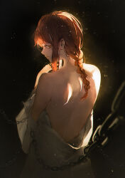 Rule 34 | 1girl, back, bare shoulders, black background, braid, braided ponytail, chain, chainsaw man, commentary, english commentary, from behind, highres, holding, holding chain, humica, light smile, long hair, looking at viewer, looking back, makima (chainsaw man), off shoulder, red hair, ringed eyes, robe, solo, white robe, yellow eyes