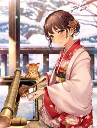 Rule 34 | 1girl, blunt bangs, braid, brown eyes, brown hair, cat, commentary request, fingernails, hair ornament, hair up, highres, hisao 0111, japanese clothes, kimono, looking at viewer, orange cat, original, railing, scarf, smile, snow, striped clothes, striped scarf, tagme, water, winter, wooden railing