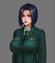 Rule 34 | 1girl, bad id, bad pixiv id, black hair, breasts, brown eyes, buttons, collared shirt, commentary request, jin yi dui, large breasts, looking at viewer, military, military uniform, necktie, original, parted lips, shirt, short hair, solo, uniform