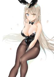 Rule 34 | 1girl, :p, animal ears, bad id, bad pixiv id, bare shoulders, between legs, black bow, black bowtie, blonde hair, blue eyes, blush, bow, bowtie, breasts, brown pantyhose, cleavage, detached collar, fake animal ears, hand between legs, heterochromia, highres, large breasts, leotard, light brown hair, long hair, looking at viewer, original, pantyhose, playboy bunny, rabbit ears, rabbit girl, sabet (young ouo), sidelocks, simple background, sitting, solo, thighband pantyhose, tongue, tongue out, very long hair, white background, wrist cuffs, yellow eyes