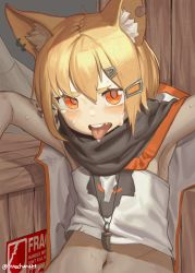 Rule 34 | 1girl, animal ear fluff, animal ears, arknights, blonde hair, commentary request, english text, fang, fox ears, fox girl, fox print, hair between eyes, hair ornament, hairclip, highres, implied sex, innochan, jewelry, korean commentary, looking at viewer, material growth, medium hair, navel, necklace, notched ear, open mouth, orange eyes, originium (arknights), oripathy lesion (arknights), scar, shirt, solo, sweat, tail, tongue, tongue out, twitter username, upper body, v-shaped eyebrows, vermeil (arknights), white shirt