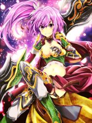 Rule 34 | armor, boots, breasts, cape, cleavage, feathers, garter straps, highres, large breasts, long hair, midriff, navel, original, pink hair, side ponytail, solo, tanashi (mk2)